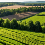 **Prompt:** A picturesque agroforestry landscape in Podlasie, Poland. Rolling green fields intermingle with rows of young trees and shrubs. Sunlight filters through the leaves, highlighting the rich soil. In the distance, a traditional Polish farmhouse adds to the idyllic scene. Focus on the symbiosis of agriculture and forestry, showcasing healthy crops and thriving trees. Capture the essence of sustainable farming and the natural beauty of the Polish countryside.