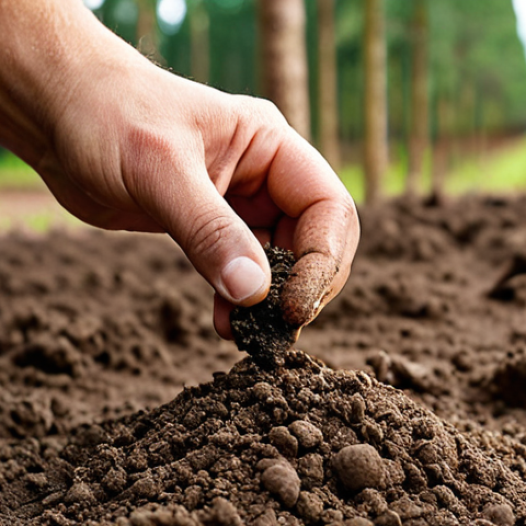 **Image:** A close-up shot of a soil sample being analyzed. Emphasize the texture and composition of the soil. In the background, blurred, show rows of young trees. The focus should be on the soil analysis as the foundation for a successful agroforestry plantation. Consider a style reminiscent of a scientific documentary, highlighting the importance of detailed preparation.