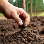 **Image:** A close-up shot of a soil sample being analyzed. Emphasize the texture and composition of the soil. In the background, blurred, show rows of young trees. The focus should be on the soil analysis as the foundation for a successful agroforestry plantation. Consider a style reminiscent of a scientific documentary, highlighting the importance of detailed preparation.