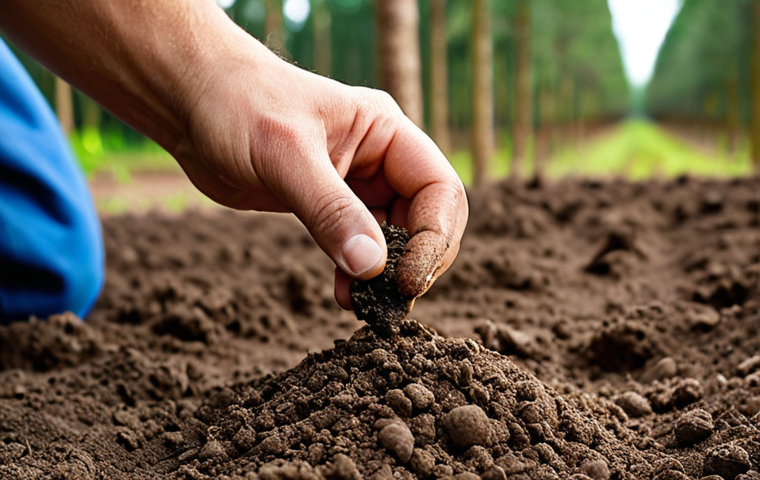 **Image:** A close-up shot of a soil sample being analyzed. Emphasize the texture and composition of the soil. In the background, blurred, show rows of young trees. The focus should be on the soil analysis as the foundation for a successful agroforestry plantation. Consider a style reminiscent of a scientific documentary, highlighting the importance of detailed preparation.